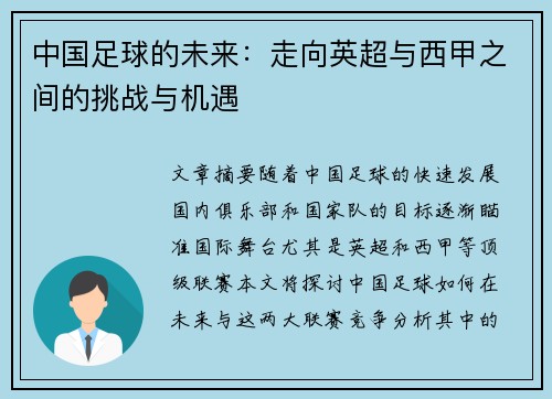 中国足球的未来：走向英超与西甲之间的挑战与机遇