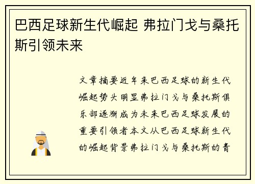 巴西足球新生代崛起 弗拉门戈与桑托斯引领未来