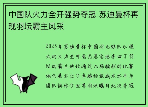中国队火力全开强势夺冠 苏迪曼杯再现羽坛霸主风采