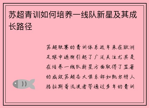 苏超青训如何培养一线队新星及其成长路径